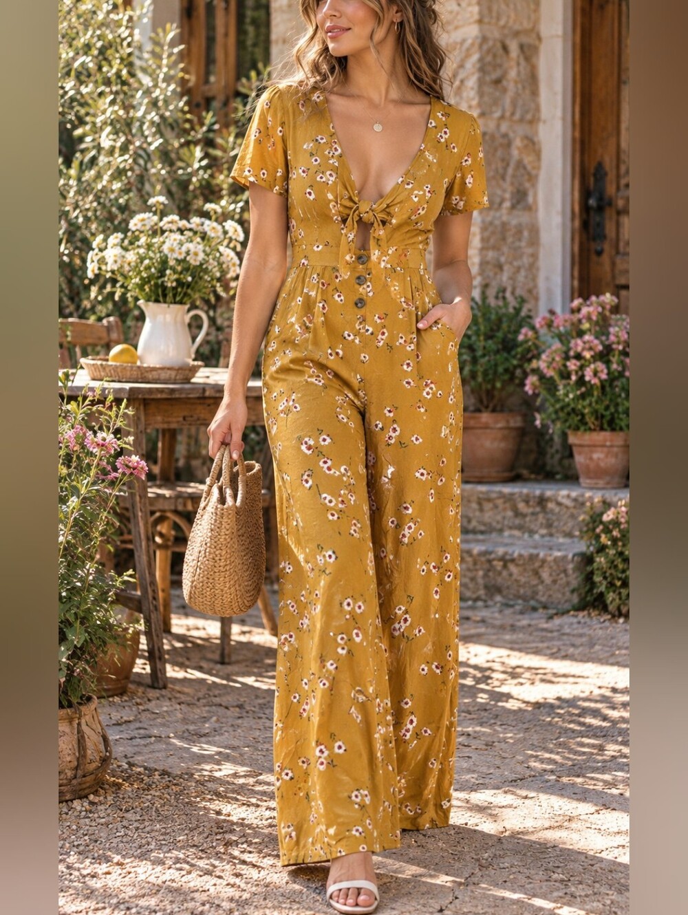 Mimi Chica Mustard Floral Tie Front Wide Leg Jumpsuit Boho Size S